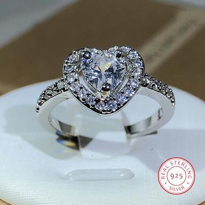925 Sterling Silver  Sale Three Claw Double Love White Zircon Ring Ladies Fashion Jewelry Party Cocktail Gift