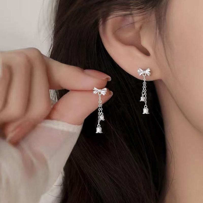 Real 925 Silver Bowknot Flower Tassel Plant Stud Earrings For Women Party Classic Fine Jewelry Light Luxury Accessories
