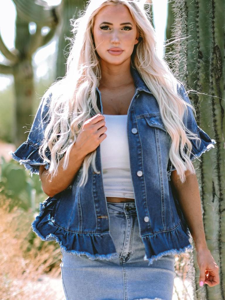 Frühling/Sommer 2025 Damen Europäisch-Amerikanische Gradient Ausgefranste Jeansjacke - Einreihig, Mehrknöpfig, Locker Geschnittenes Mode-Oberteil
