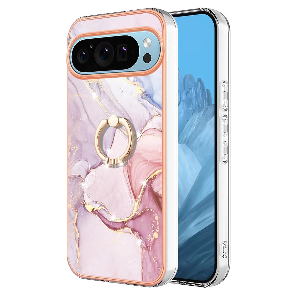 For Google Pixel 9/Pixel 9 Pro Case with Ring Kickstand Marble Pattern Electroplating TPU Back Cover