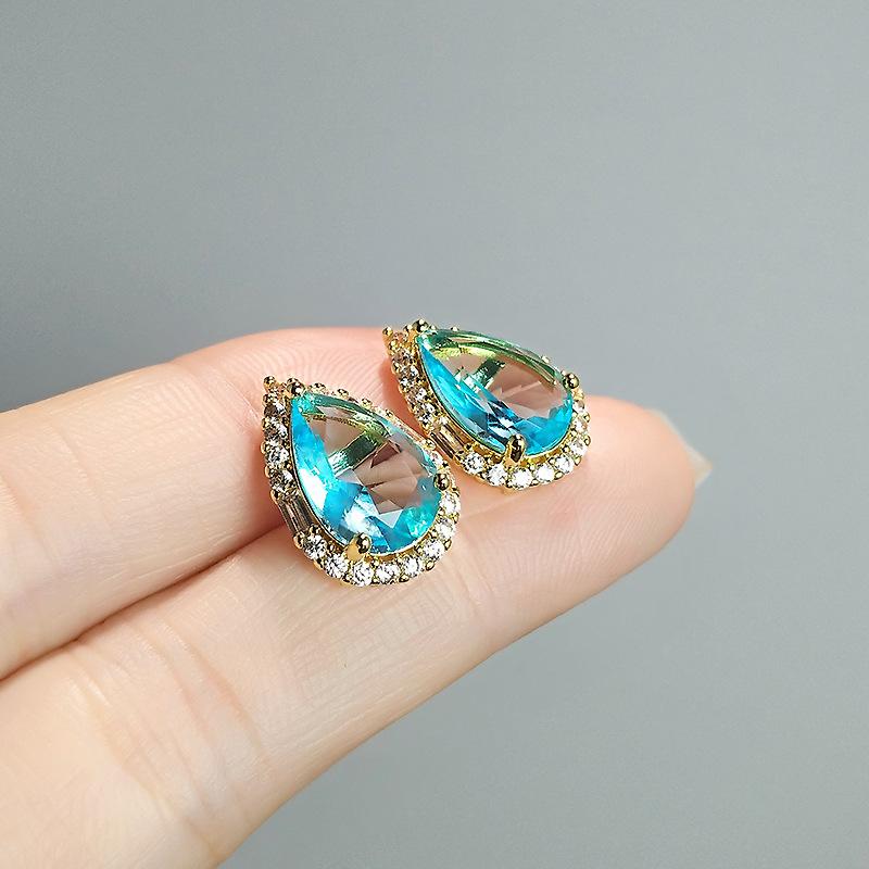 

Серьги-пусеты в форме капли воды, имитация изумруда, легкая роскошь, желтый цирконий, морской синий, сокровище, белое золото, серьги высокого класса