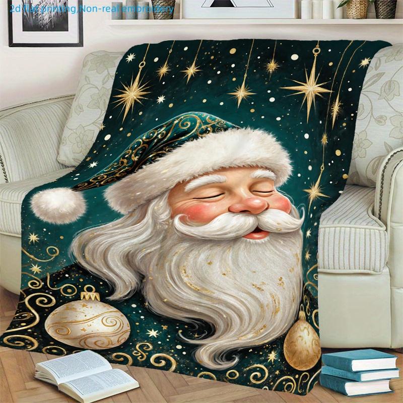 1pc Christmas Holiday Santa Claus And Golden Star Printed Blanket, Festive Atmosphere, Multi-Size Available, Suitable for Living Room, Bedroom, Study,
