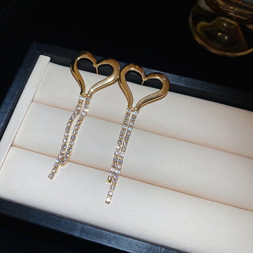 Temperament Heart Earrings Rhinestone Drop Earrings Fashion Long Tassel Earrings  Wedding