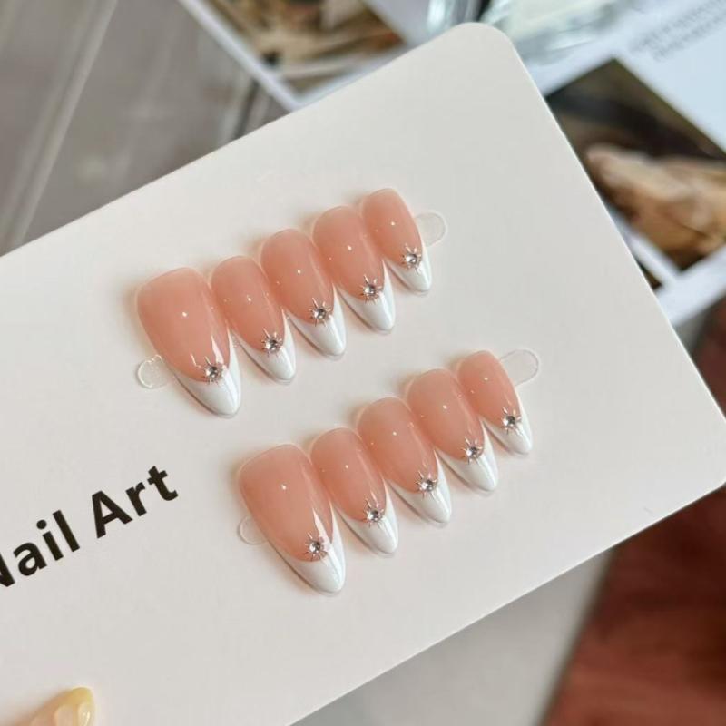 10Pcs Nude French Press On Nails - Almond Fake Nails with Star Rhinestone Accents XS
