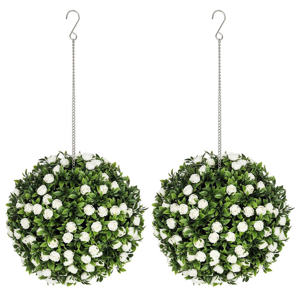 Set of 2 Decorative Artificial Plants, UV-protected Artificial Plant Topiary Rose Balls, Fake Plants for Home Indoor outdoor Decor, 28cm, White