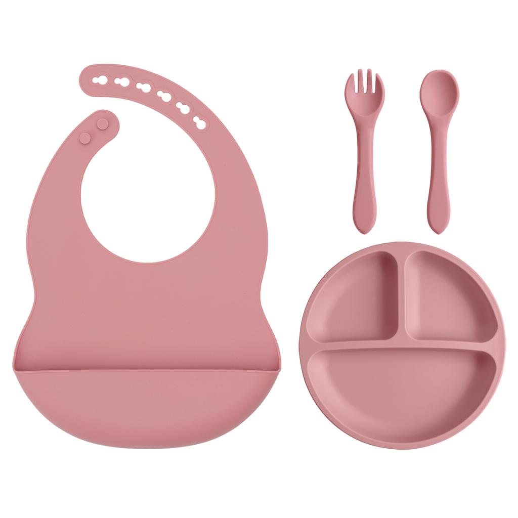 Color Kids 4PCS Baby Silicone Feeding Set Suction Plate BPA Free Waterproof Bib Portable Spoon Fork Toddler Training Tableware