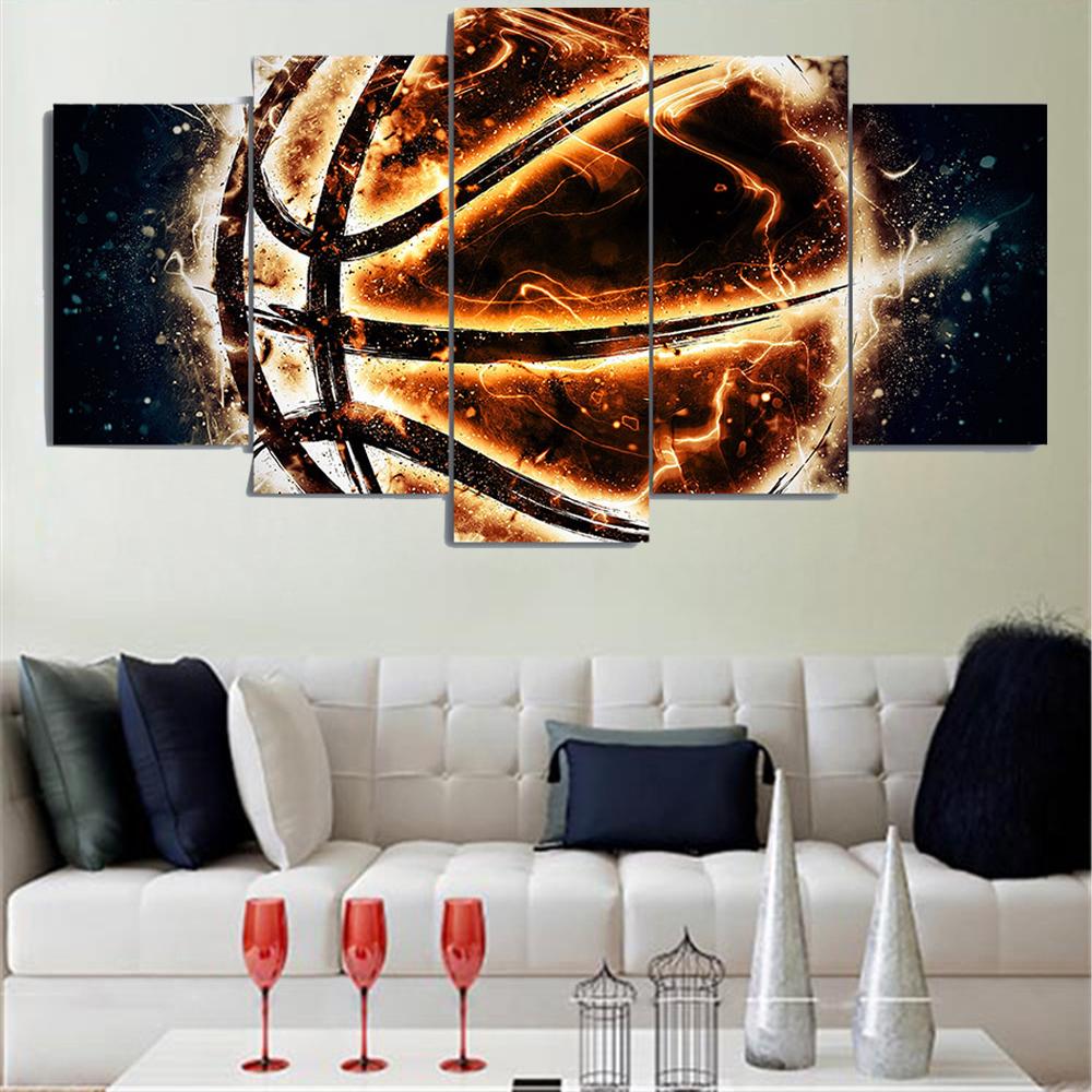 Wall Art Canvas Painting Pictures 5 Panel Fire Basketball  HD Printed Modern Modular Posters Home Living Room Decor