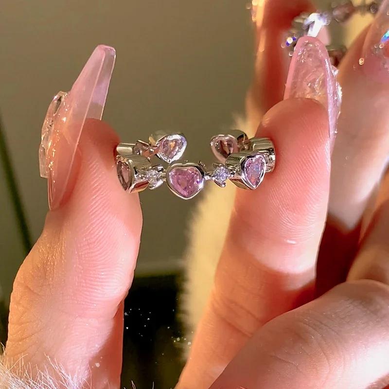 Pink Diamond Heart Opening Ring, Niche Design Thorn Ring, Women'S Personalized Layered Light Luxury High-End Ring