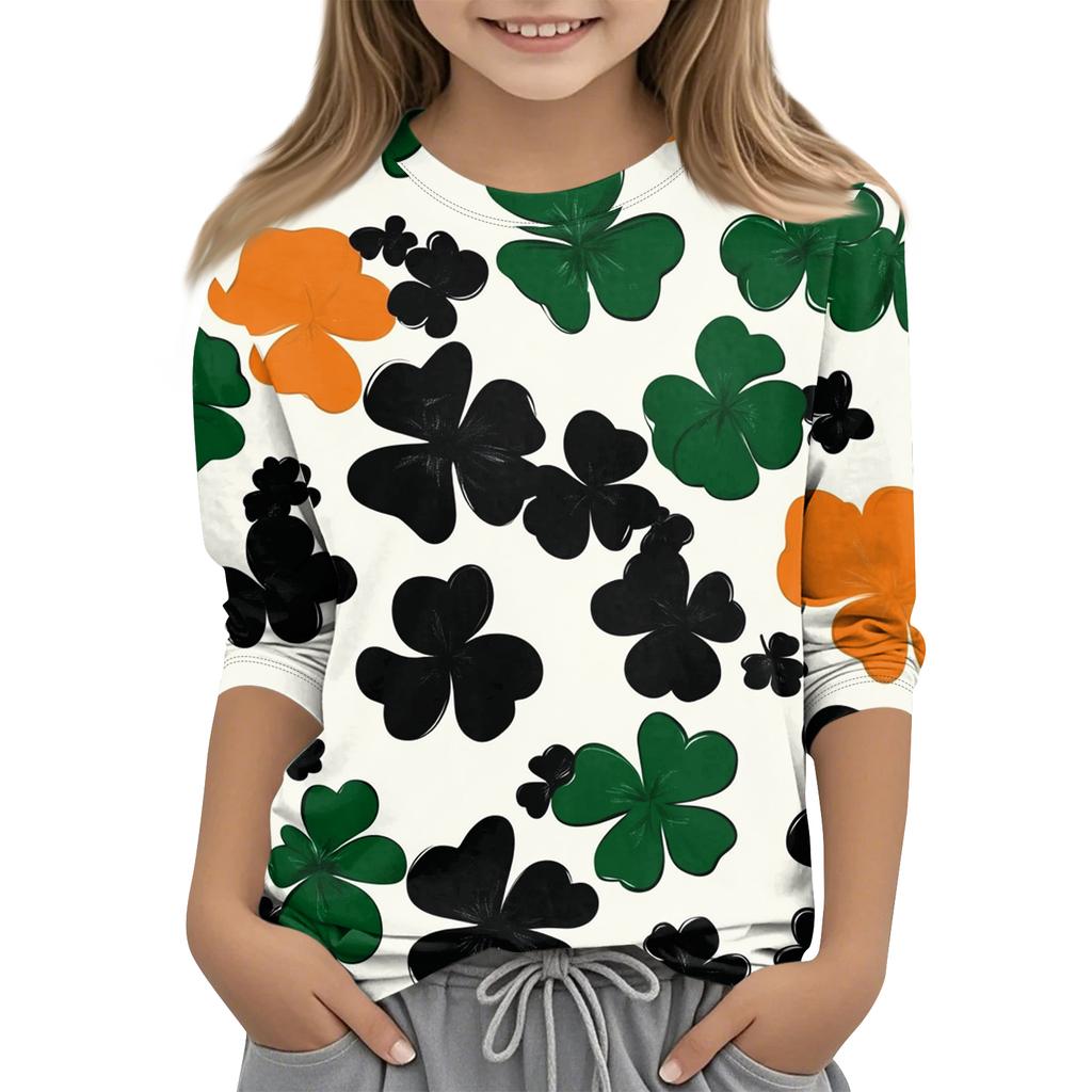 St. Patrick's Day Print Tops For Youth Girls 4-11 Years Round Neck 3/4 Sleeves T-Shirts Trendy Tops Outfit Tees
