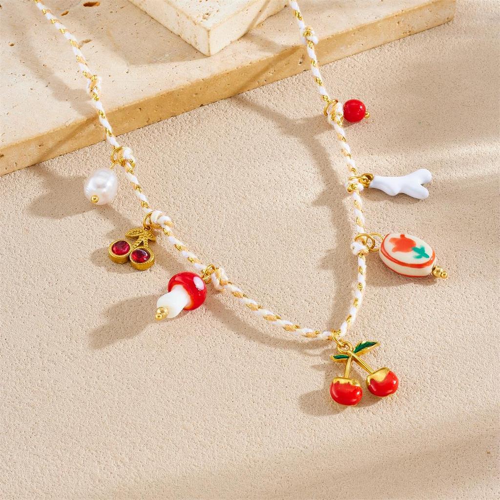 Fashion Stainless Steel Faux Pearl Pendant Necklace with Cherry and Starfish Design for Women