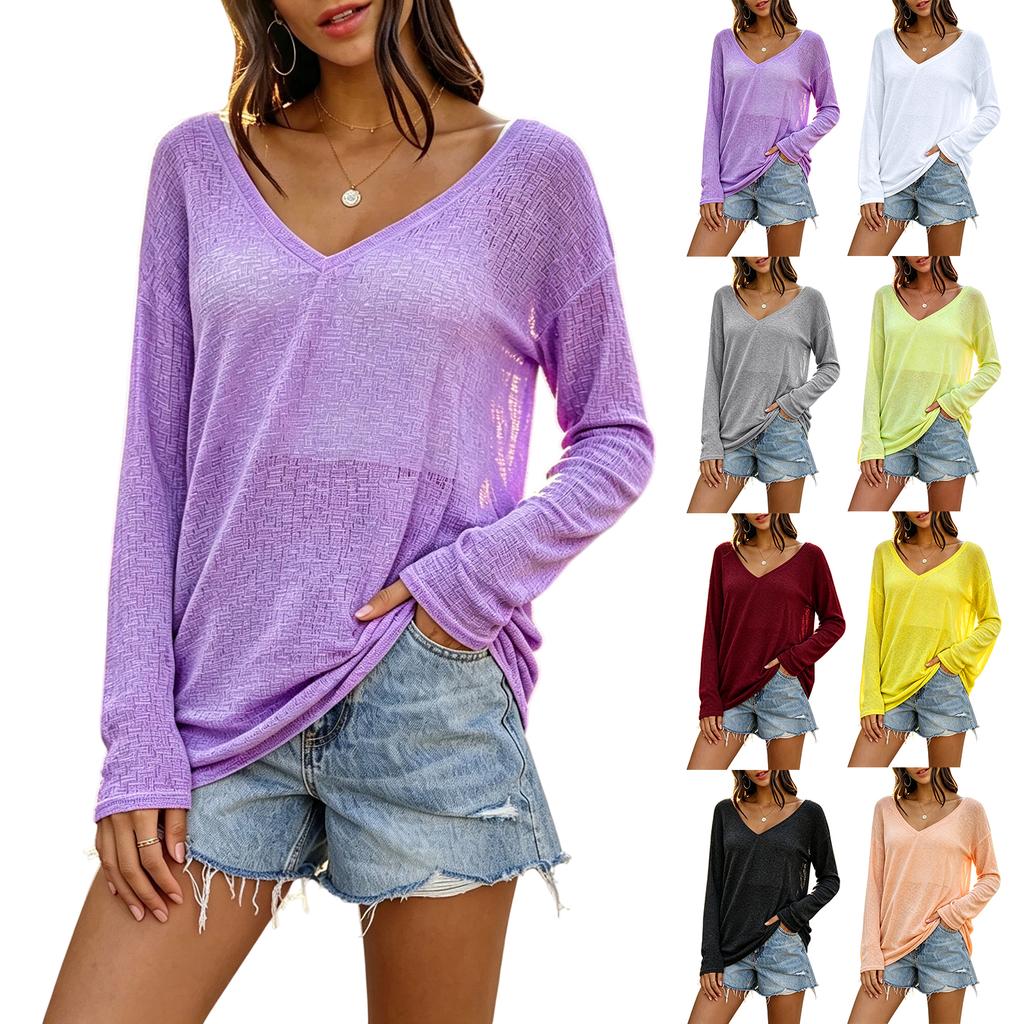 Women's Color V-Neck Long Sleeve Slim Fit T-Shirt