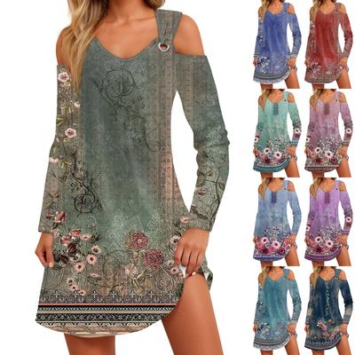 Women's Autumn And Winter Casual Fashion V-neck Long Sleeve Print Long Dress With Pocket