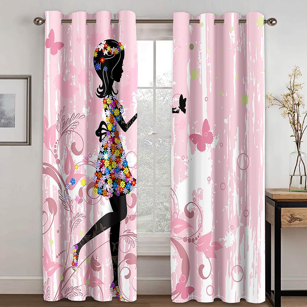 2Panels Pink Princess Dancing Curtains for Kids Girls Bedroom Living Room Window Blinds Floor-to-ceiling Windows Grommet Top