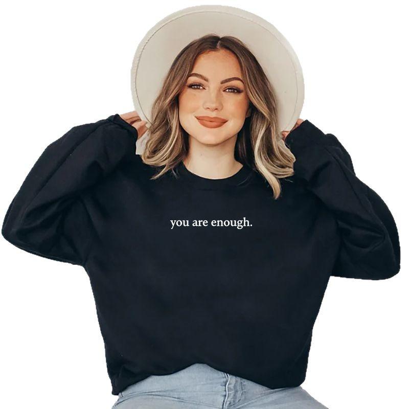 Women's Fleece-Lined Slogan Sweatshirt - Plain Color, Round Neck