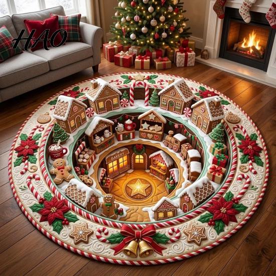 Indoor Festive Area Rug Christmas 3D Rug, Illusion Round Decorative Winter Seasonal Floor Mat, Carpet for Home Living Room Holiday Decoration Decor