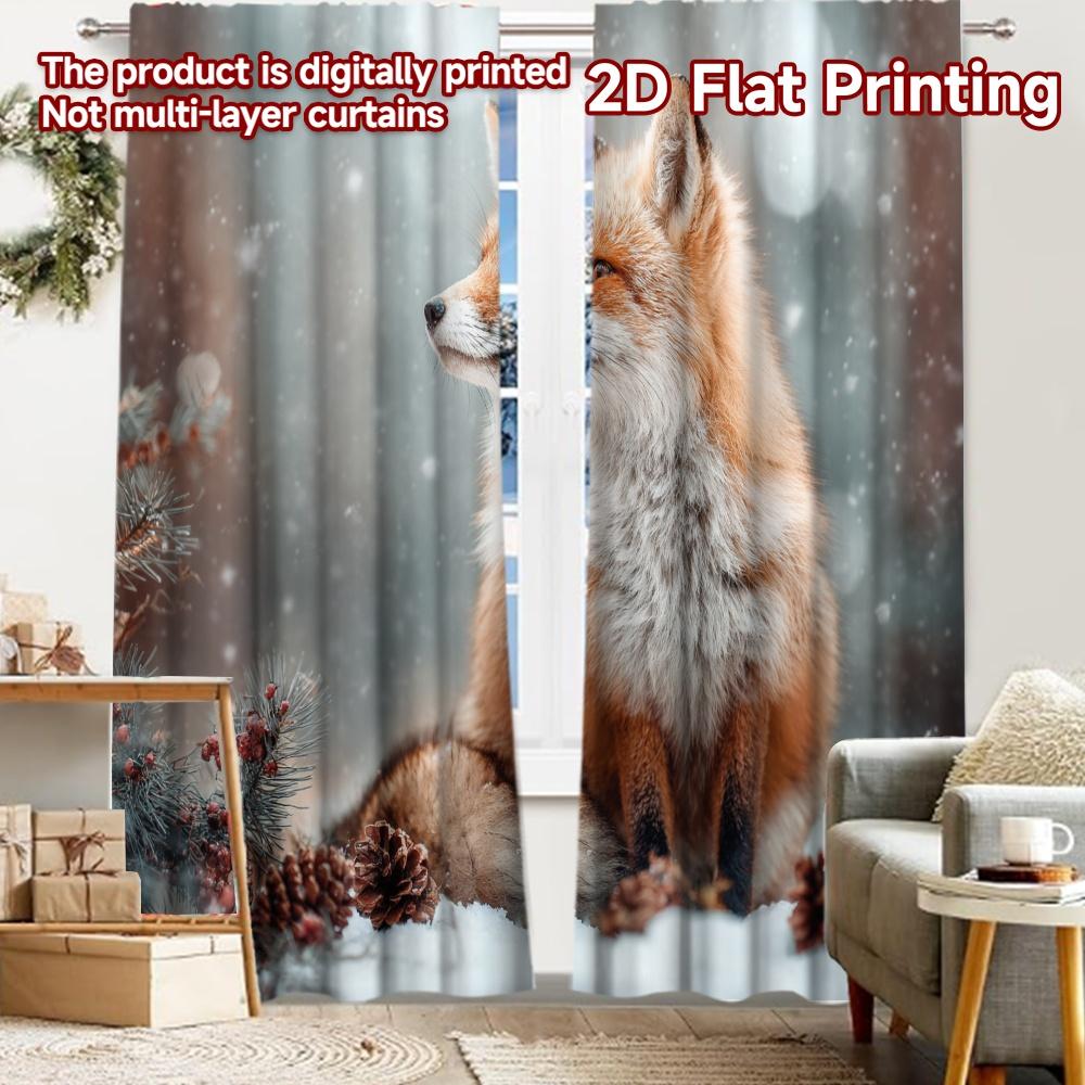 2pcs, 2D FLAT PRINTING Curtains (Without Rod) Winter Fox Scene Popular Curtains&Drapes Festival Durable Polyester Fabric