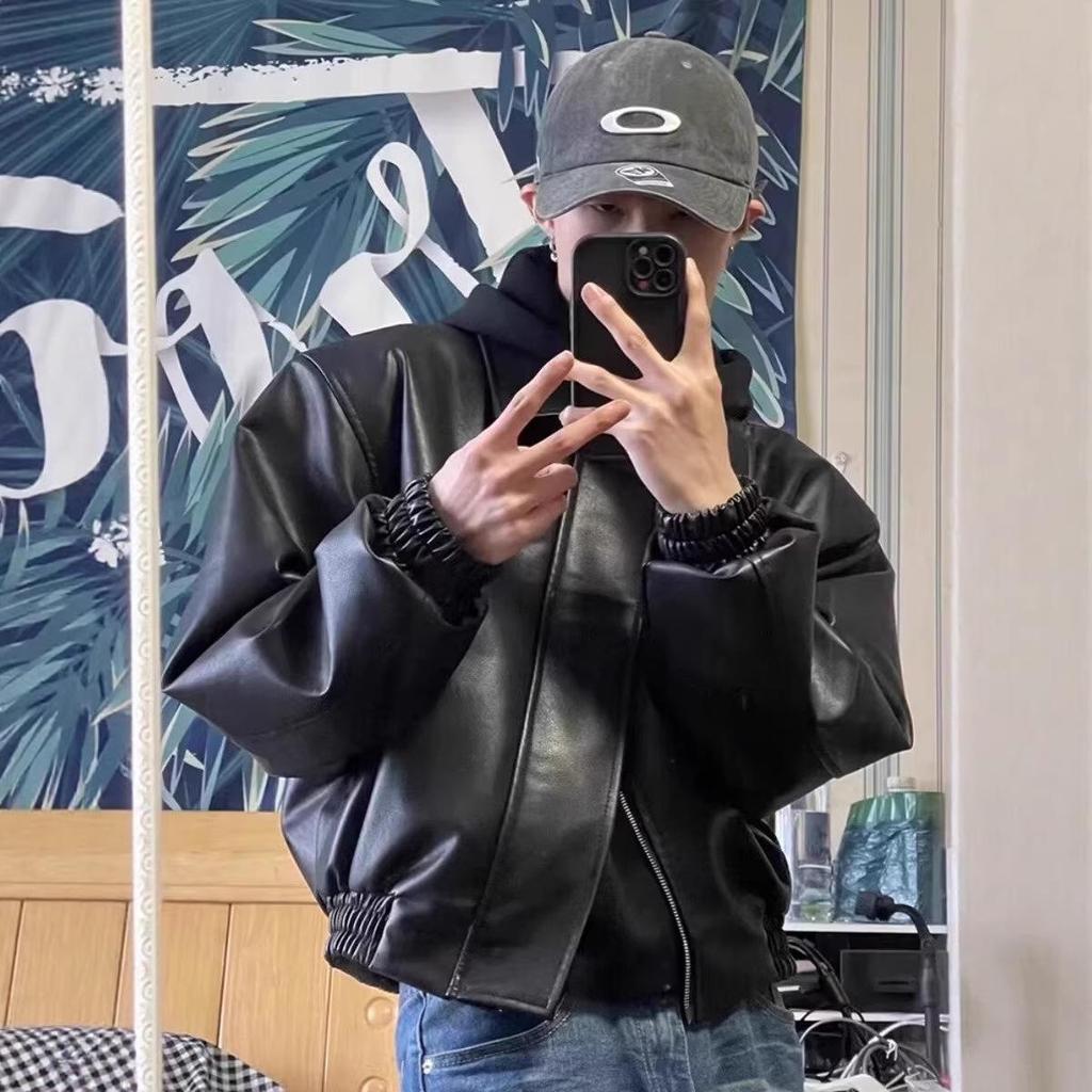 Men's Retro PU Leather Jacket with Padded Shoulders - Spring/Autumn Trendy Loose Fit