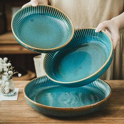 Retro Blue Big Bowl Relief Pattern Shallow Bowl Household Ceramic Bowl Round Large Plate Tableware Bowl Vegetable Bowl