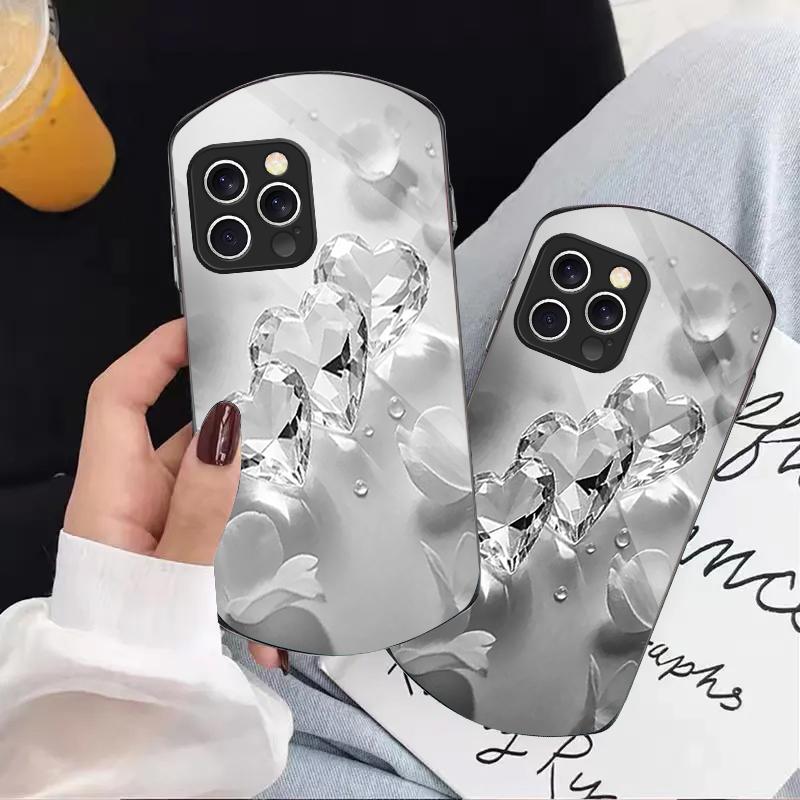 Flower Heart Shaped Pink For iPhone 16 15 14 Pro 13 Plus 12 Mini 11 13Pro Max XR X S 7 8 6 Elliptical Tempered Glass Phone Case