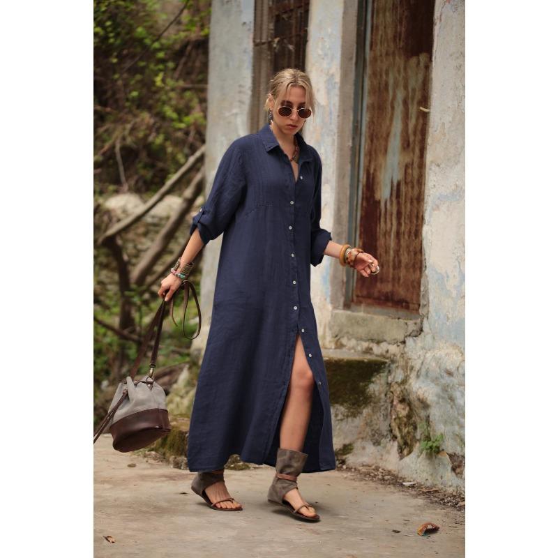 JPNTKY Fashion Autumn Winter POLO Neck Long Sleeve Solid Color Print Casual Dresses