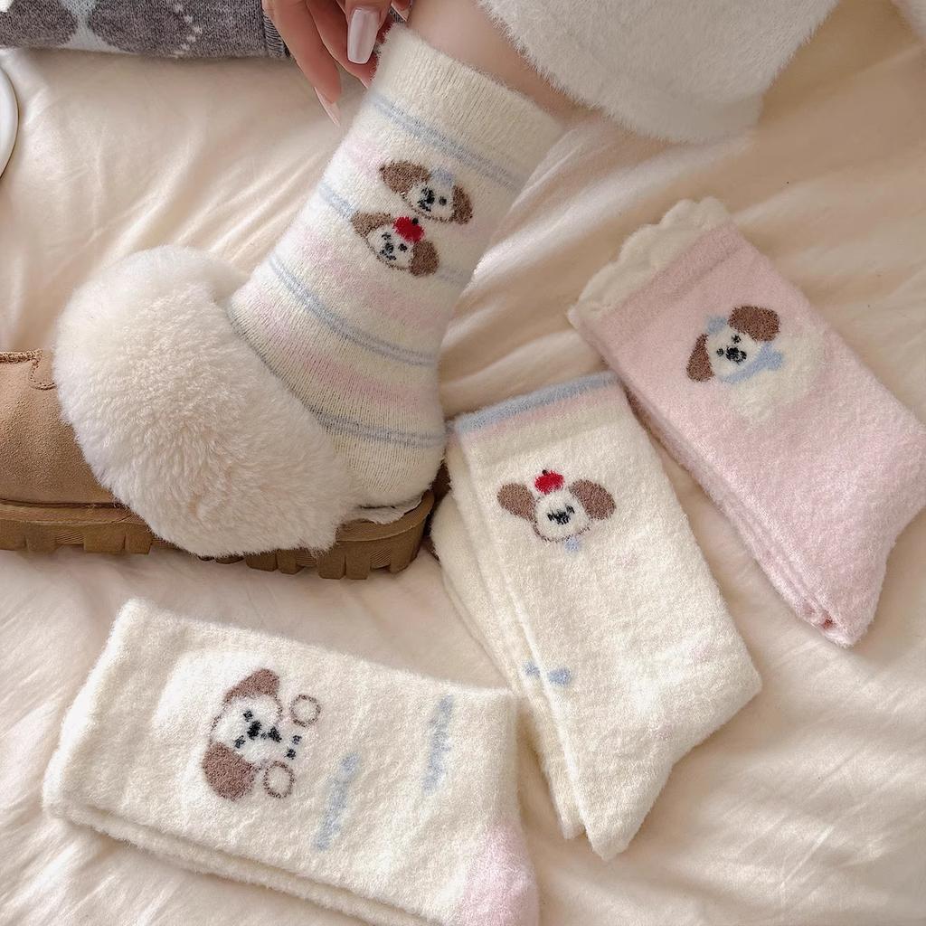 Female Autumn and Winter Plus Velvet and Thick Warm Cartoon Cute Dog In Tube Socks