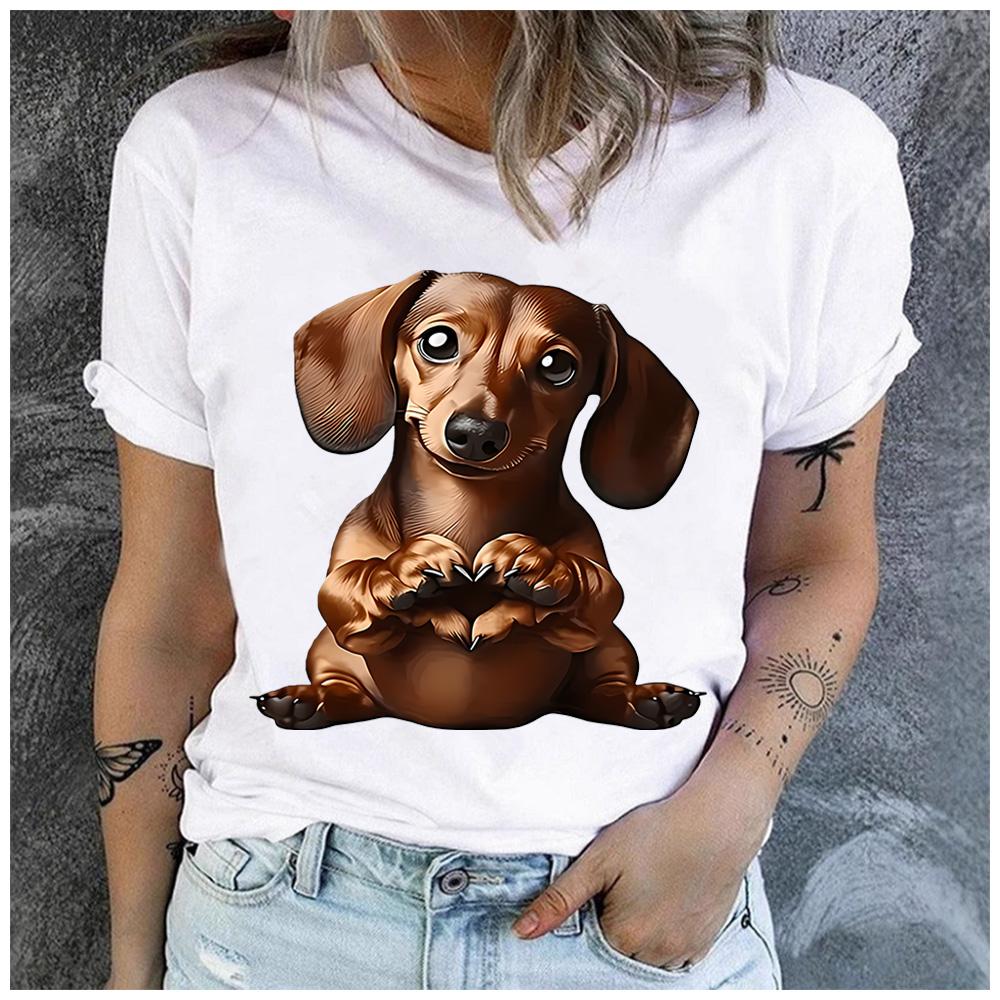 Polyester 100% Cute Dachshund Wiener Dog Heart Paws Graphic Women T-Shirt Pet Lover Cartoon Puppy Short Sleeve Casual Summer Tee