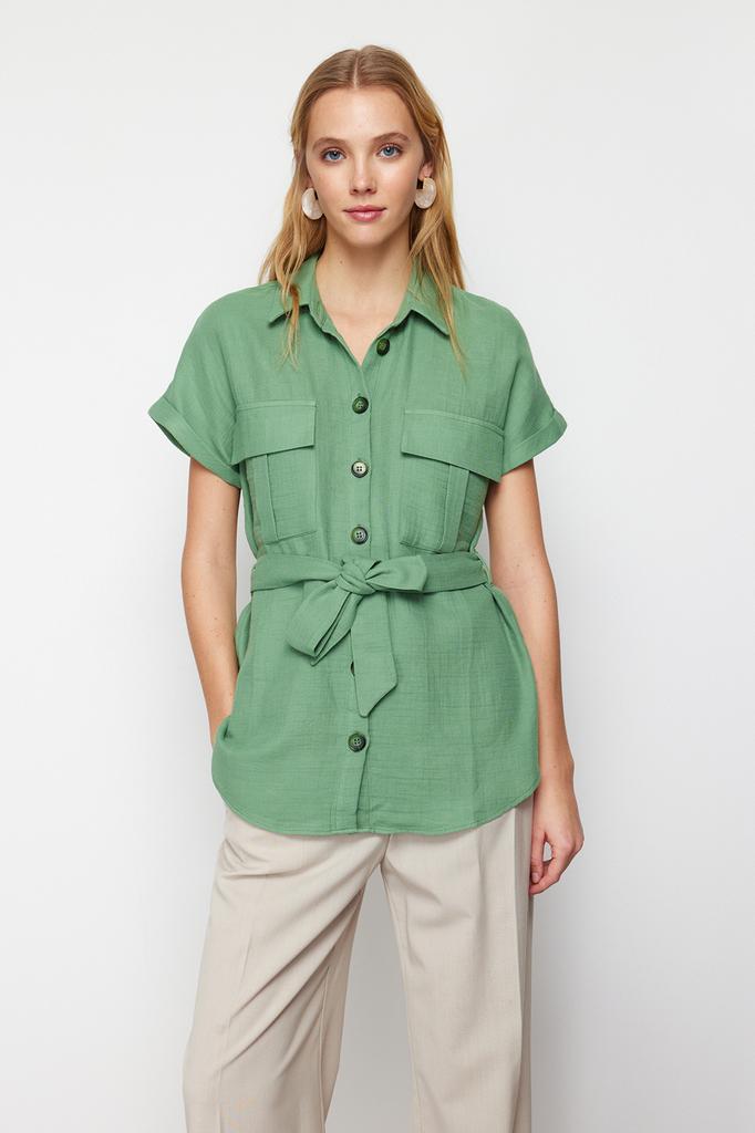Women's Fashion Shirt Shirt Collar Sleeveless Red Pleated Fitted Waist-Fitting Woven Shirt