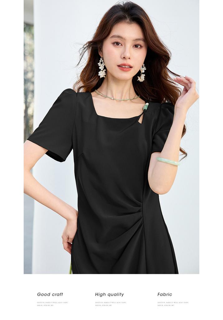 26 Year New Summer Pleated Waist Slimming and Slimming Mid Length Skirt Versatile and Elegant Slit Short Sleeved Skirt Dress