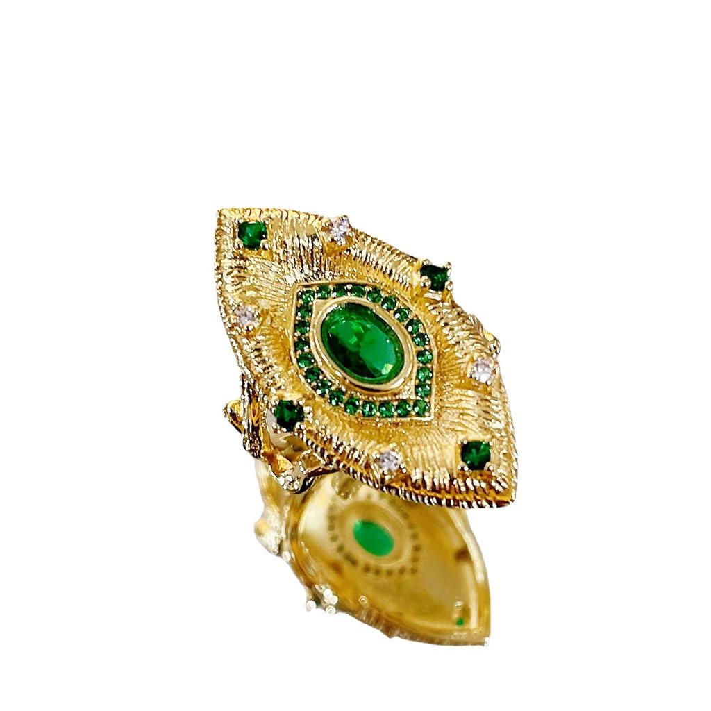 Collar Ojo del Diablo Artesanal Cepillado Italiano Set de Joyería Francesa Pendientes de Esmeralda Simulada Anillo Abierto