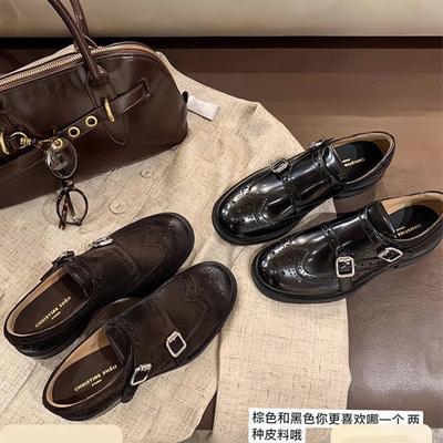 Cowhide Version~ The Same Miu Brock Engraved Small Leather Shoes Buckle with Retro Thick Heel Oxford Loafers for Women