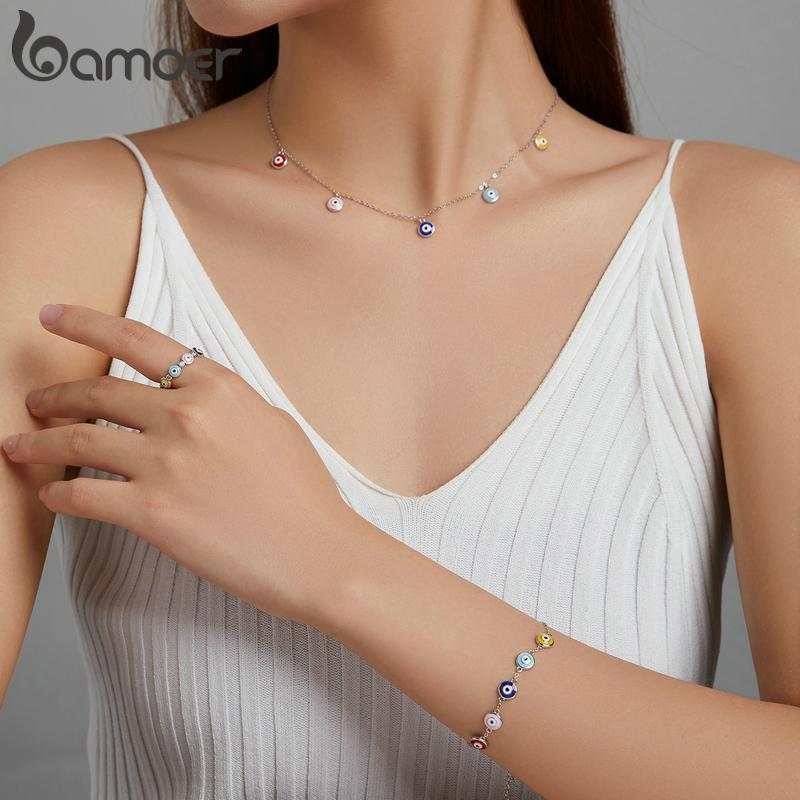 Bamoer 925 Sterling Silver Colorful Guardian Eye Finger Rings for Women Fashion Jewelry