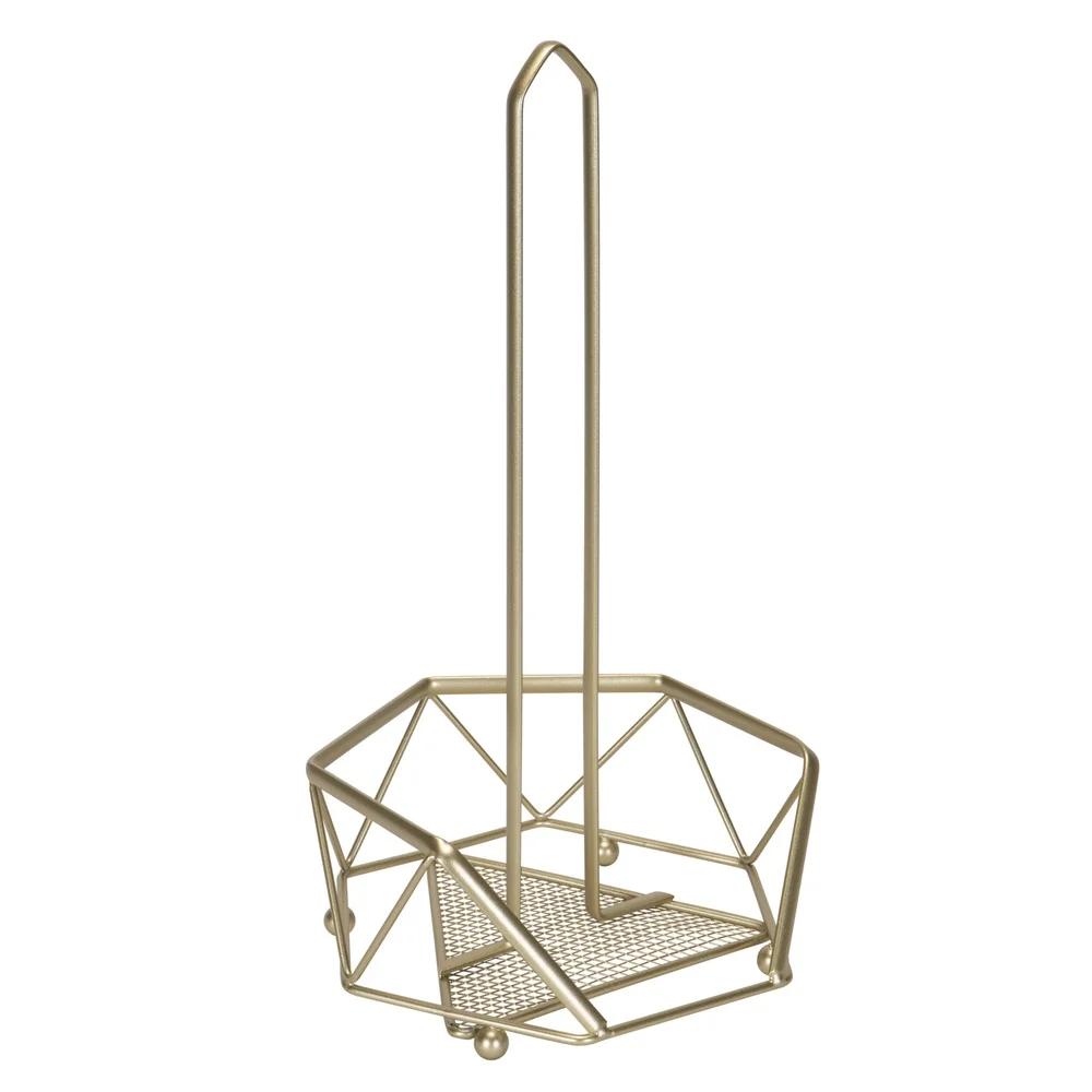 Satin Gold Paper Towel Holder Free Standing Durable Iron Frame Raised Base Rust Resistant Convenient Kitchen Storage