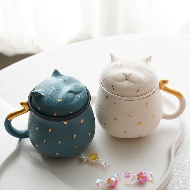 Wanqiantang High-End Ceramic Lucky Cat Tea Cup with Lid