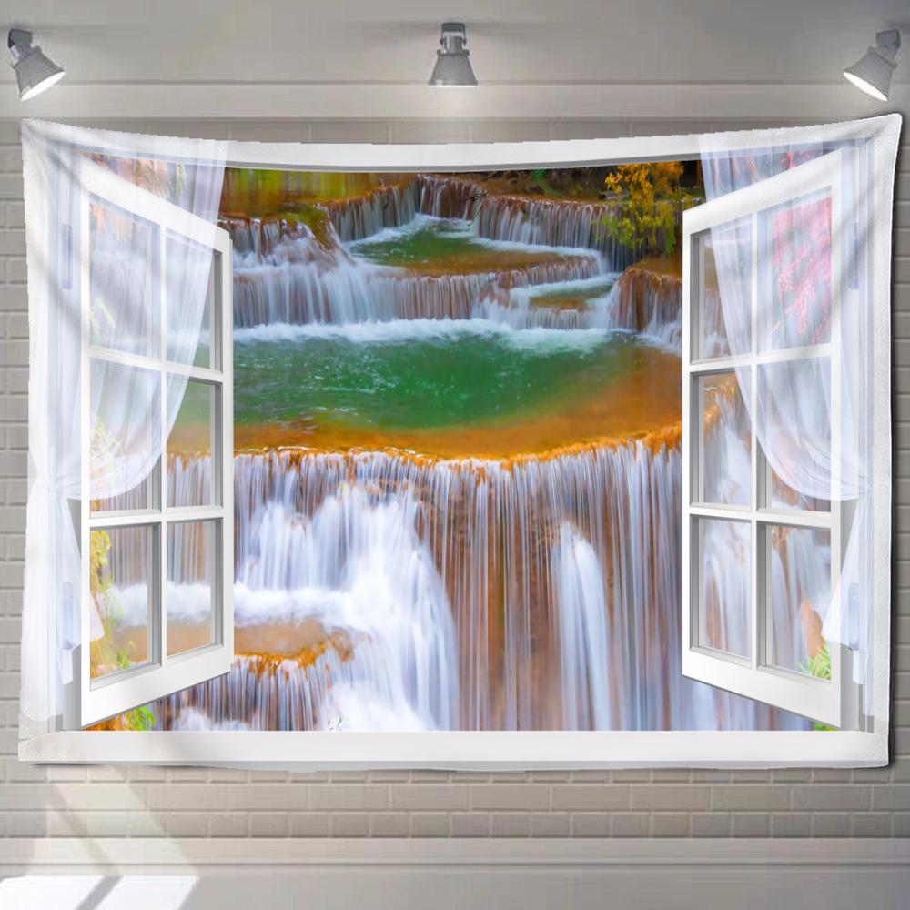 Имитация окна лесной пейзаж живопись гобелен настенный богемный стиль психоделическая мандала домашний декор 100x75cm