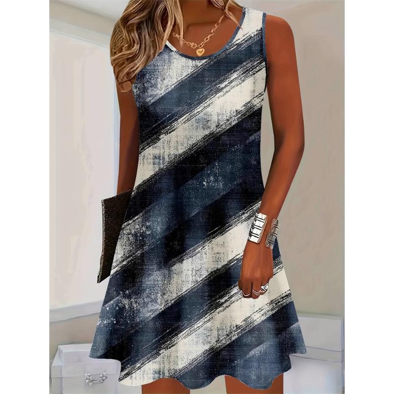 2025 Summer New Women's Sleeveless Dresses Knee Round Neck Dresses Beach Vacation Casual Dresses Floral Printed Women's Dresses