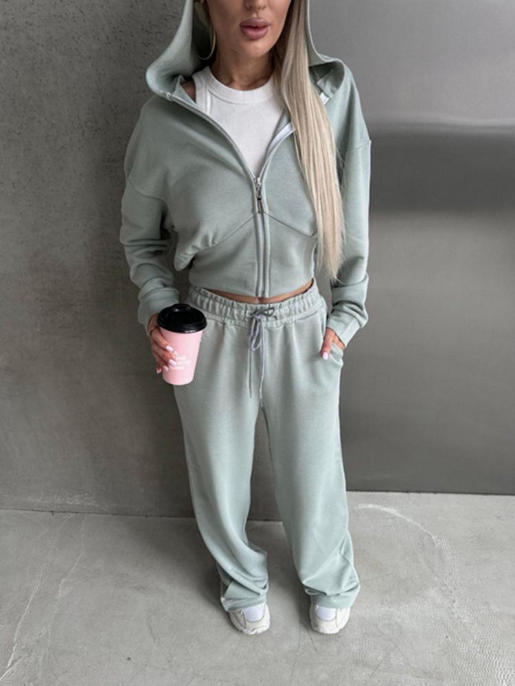 Women's Casual Solid Color Hoodie & Lace-up Pants Two-Piece Set