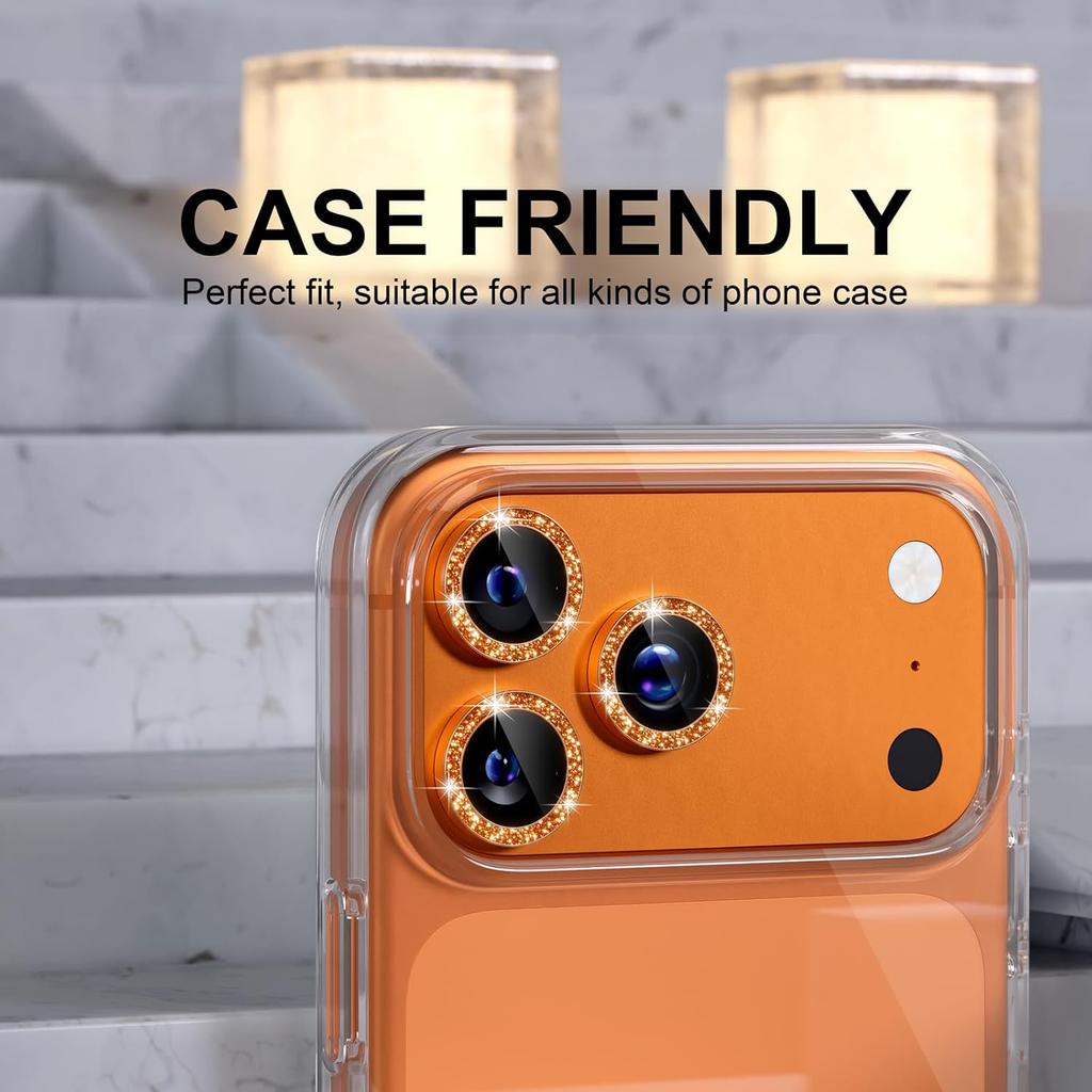 Glitter Orange Camera Lens Screen Protector Cover For iPhone 17 Pro Max Air 17Pro iPhone17 Tempered Glass Protection Decoration Phone Accessories