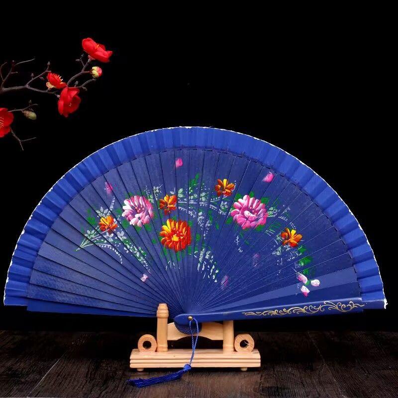 

1PC Beautiful Chinese Style Folding Fan Hollow Double Sided Craft Gift Dancing Printing Wood Spanish Hand Fan Party Supplies синій