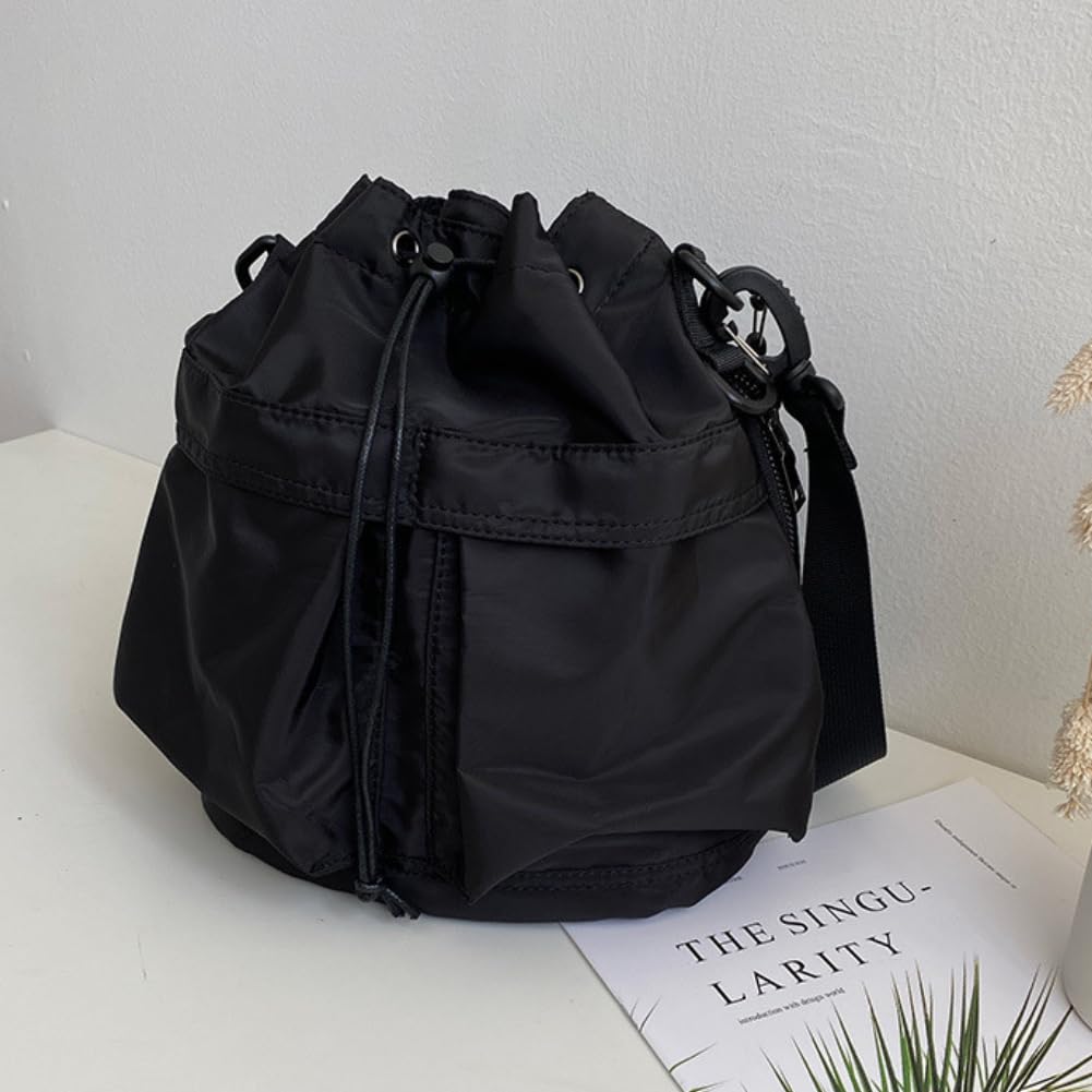 Damen-Nylon-Beutel mit 2-Wege-Kordelzug, ultraleicht, kann in der Hand oder über der Schulter getragen werden, mit einem Kordelzugriemen (schwarz)