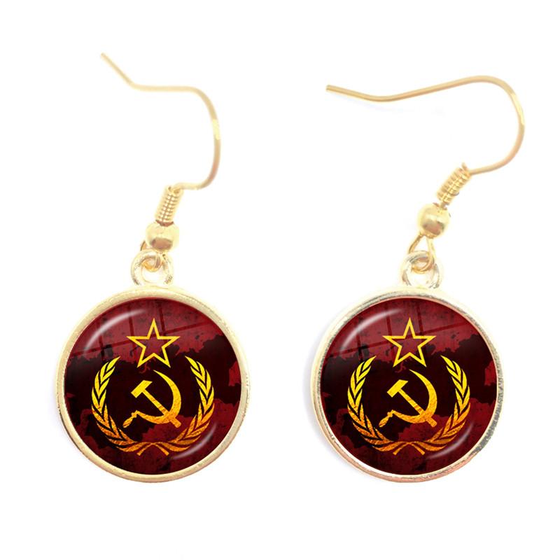 Soviet USSR Stalin Lenin Drop Earrings Classic Red Star Hammer Sickle Communism Emblem CCCP Glass Cabochon Ear Jewelry For Women