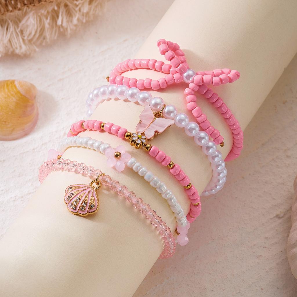 5pcs/set Bohemian Starfish Shell Imitation Pearl Bracelet for Women Ethnic Style Pink Beads Fishtail Flower Bangle Beach Jewelry