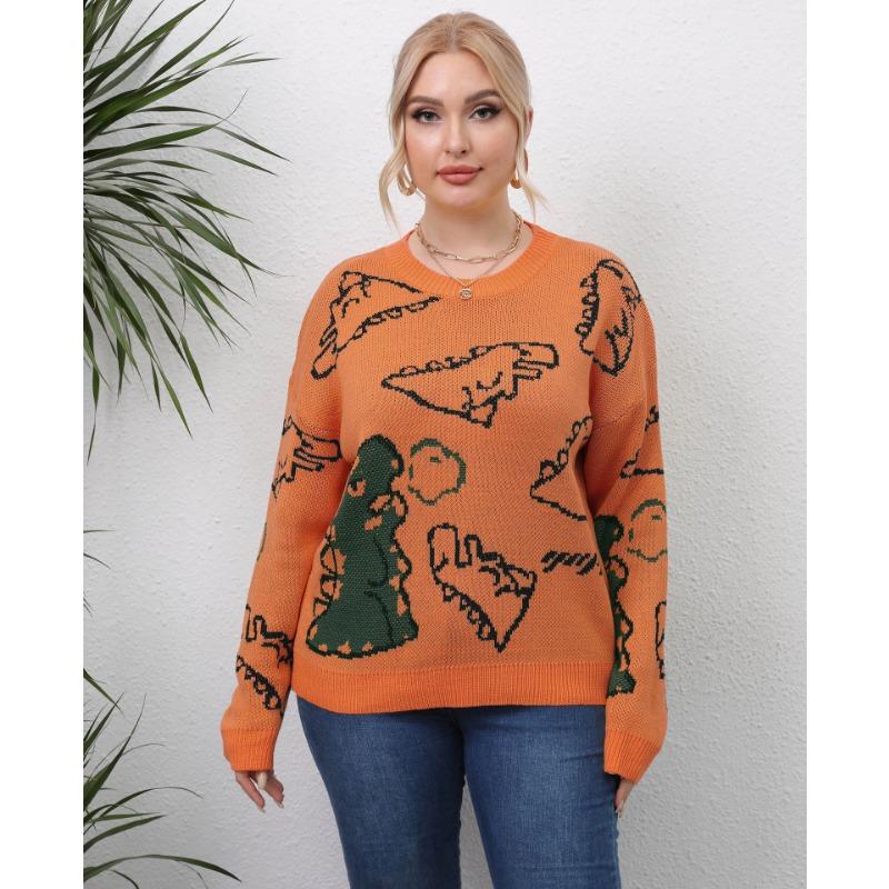 Plus Size Women S Thick Knit Dinosaur Print Pullover Sweater
