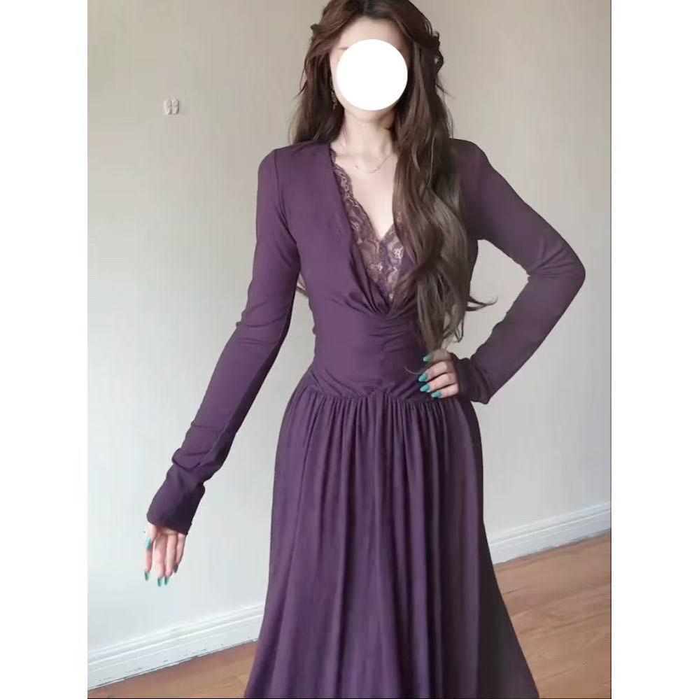 2026 Korean V-neck Lace Patchwork Long Sleeve Waist-Cinching Slim Dress - Spring/Autumn Socialite Style