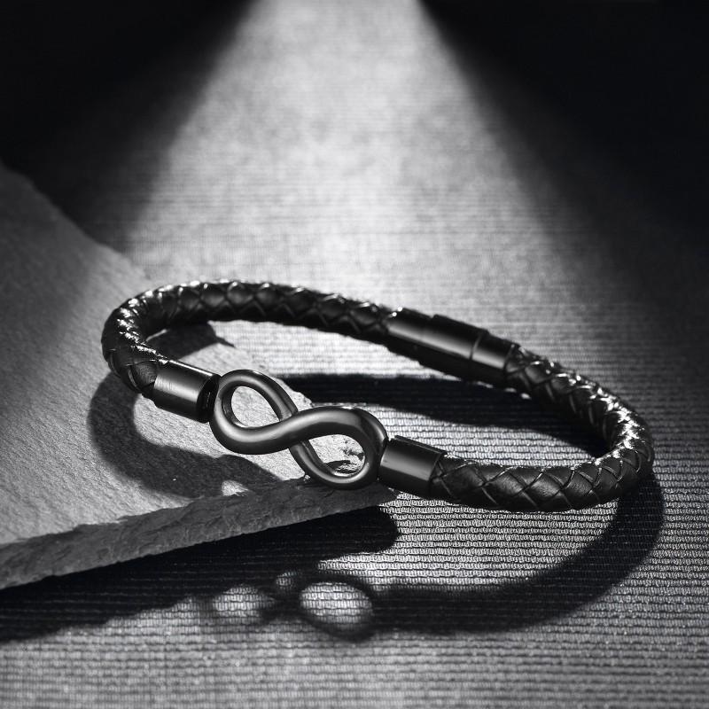 Stainless Steel Geometric Infinity Symbol Bracelet Men Magnetic Clasp Handmade Leather Woven Cuff Jewelry