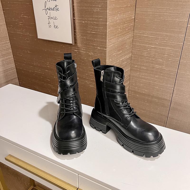 

New thick-soled heightened lace-up knight thick-heeled retro Martin boots for women 35 чёрный