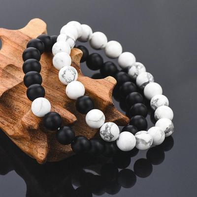 2 Adet Unisex Mesafe Bilezik Çift Onun Onun Siyah Mat Boncuk Beyaz Howlite