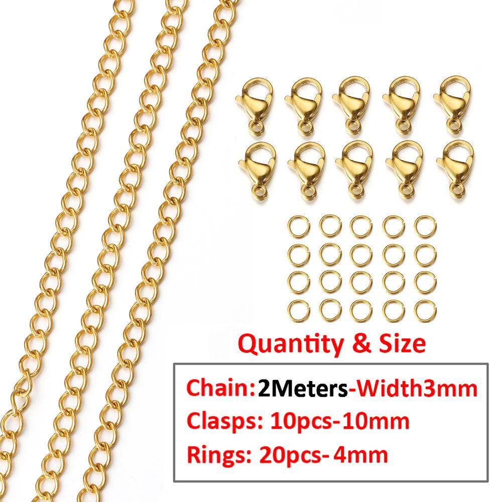 2Meters/1Meter Stainless Steel Chain Lobster Clasps Jump Rings Connectors Chains for Bracelet Necklace Jewelry Making DIY Kit