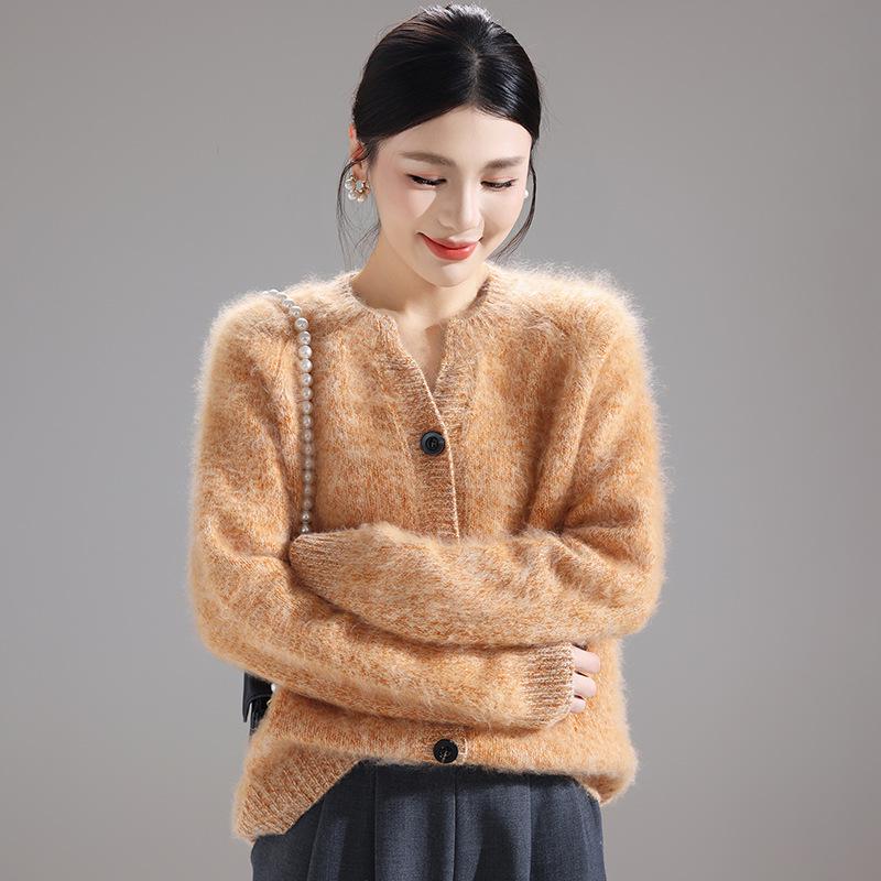Women's 100% Pure Wool Brushed Round Neck Cardigan Sweater - Autumn Style