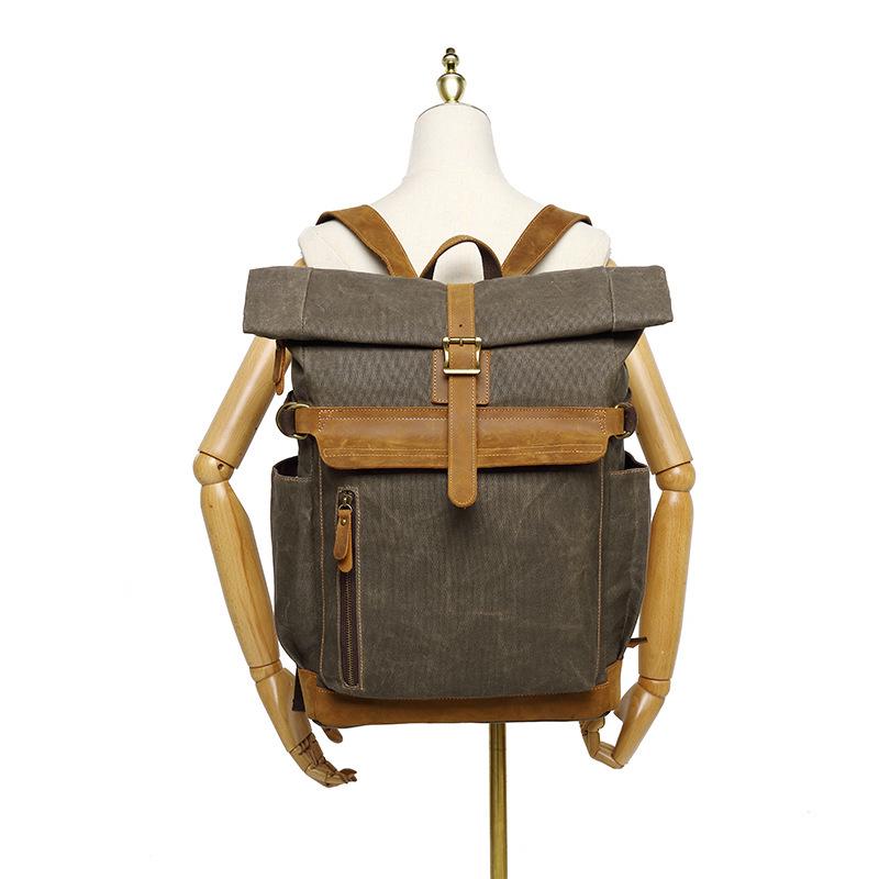 Men's Crazy Horse Leather Travel Backpack and Shoulder Bag with Waxed Canvas Laptop Compartment