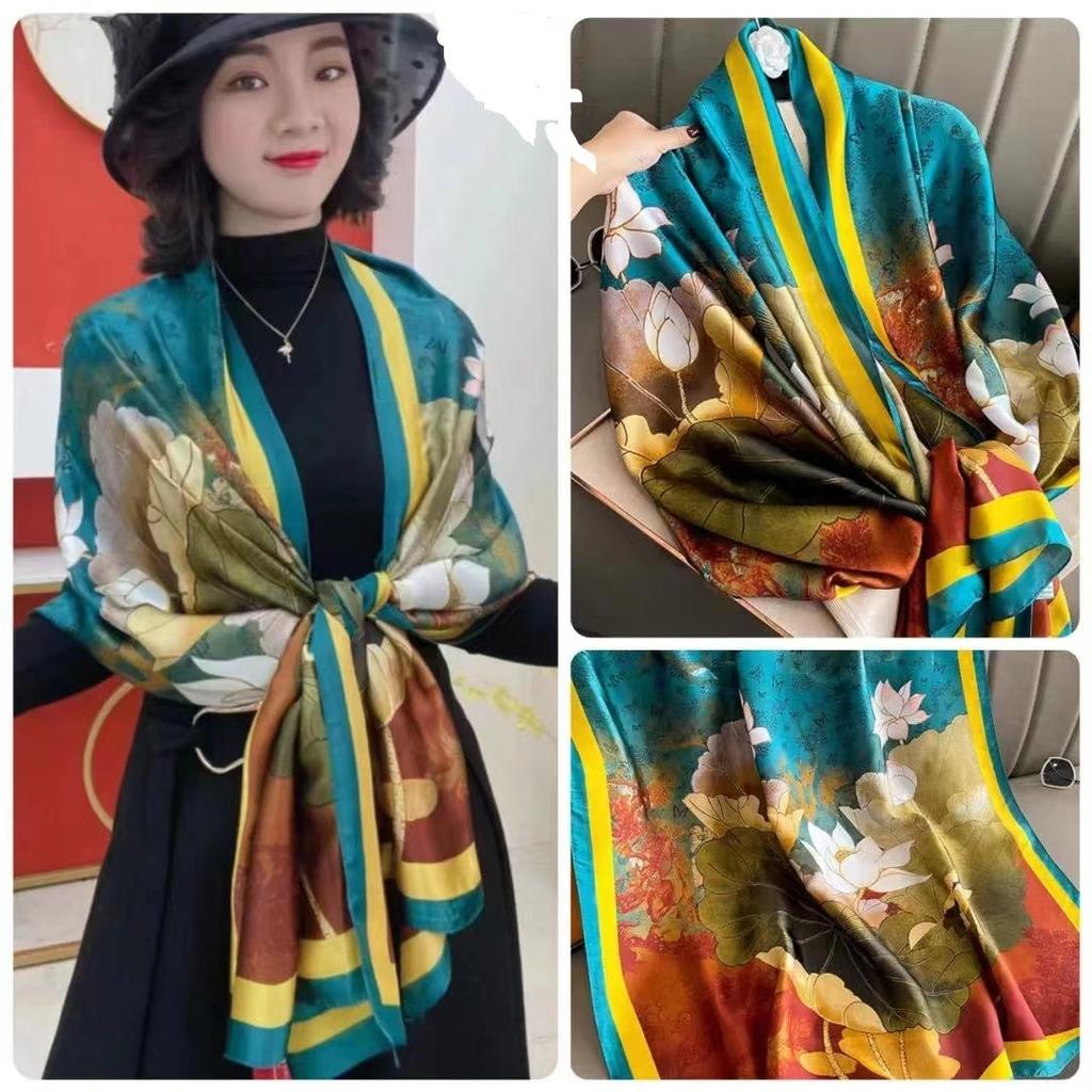 Frühling/Sommer Neuer Seidenschal für Damen, 90 x 180 cm, quadratischer Schal aus künstlichem Seidentwill, modisch bedruckt, großer quadratischer Schal, professioneller Schal